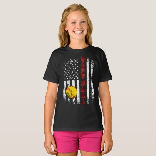 アメリカンフラッグソフトボールチームヴィンテージおもしろいガール Tシャツ (正面フル)