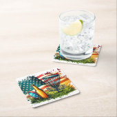 アメリカンフラッグディスクゴルフとビール スクエアペーパーコースター (インサイチュ)