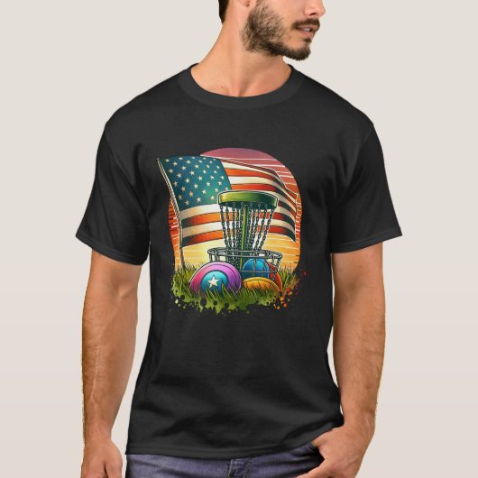 アメリカンフラッグディスクゴルフヴィンテージサン Tシャツ (正面)