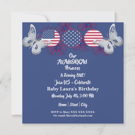 アメリカンプリンセスバタフライスターズ誕生日4 7月 招待状 (正面)