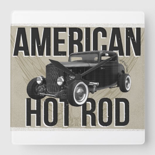 アメリカンホットロッド 壁掛け時計 ブラウンVer スクエア壁時計 (正面)