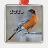 アメリカンロビンがフェンスのポスト冬の日に立つ メタルオーナメント (正面)