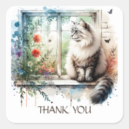 アメリカンロングヘアキャットインウィンドウ夏の花 スクエアシール