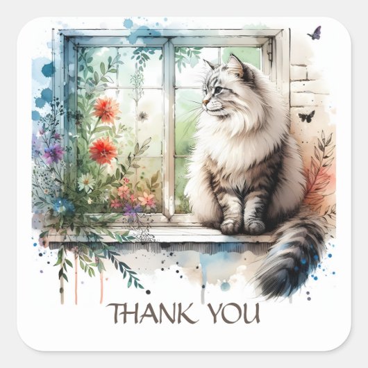 アメリカンロングヘアキャットインウィンドウ夏の花 スクエアシール (正面)