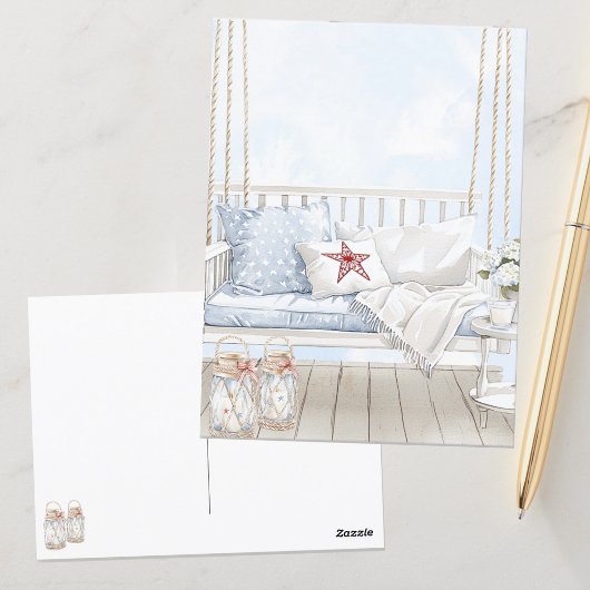 アメリカン水彩 愛国的な夏のポーチ ポストカード