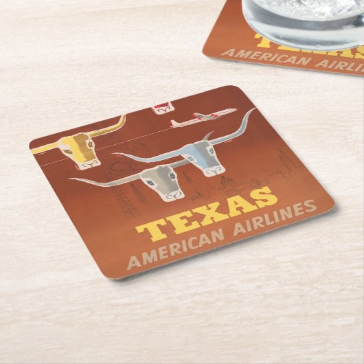 アメリカン航空のテキサス州行きの旅行ポスター スクエアペーパーコースター (アングル)