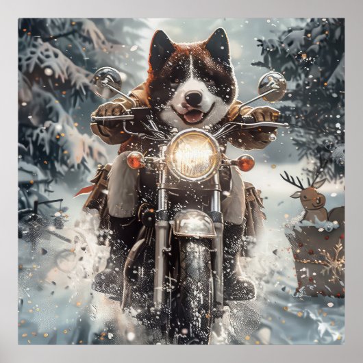 アメリカン+アキタ+犬+バイク+クリスマス ポスター (正面)