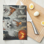 アメリカン・エスキモー不気味ハロウィーン キッチンタオル (四つ折り)