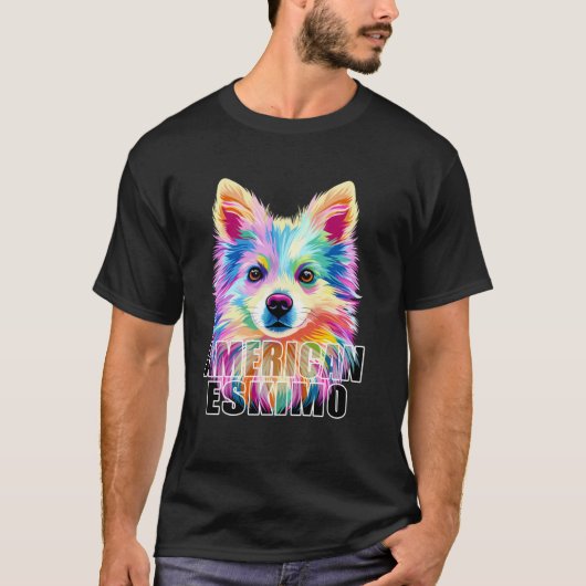 アメリカン・エスキモー犬かわいいエスキードッグカラフル恋人 Tシャツ (正面)