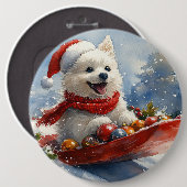 アメリカン・エスキモー犬がそりで雪遊び クリスマスの雪が降るよ 缶バッジ (正面&裏面)