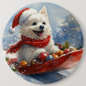 アメリカン・エスキモー犬がそりで雪遊び クリスマスの雪が降るよ 缶バッジ (正面)