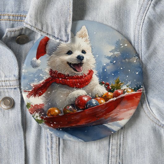 アメリカン・エスキモー犬がそりで雪遊び クリスマスの雪が降るよ 缶バッジ (インサイチュ)