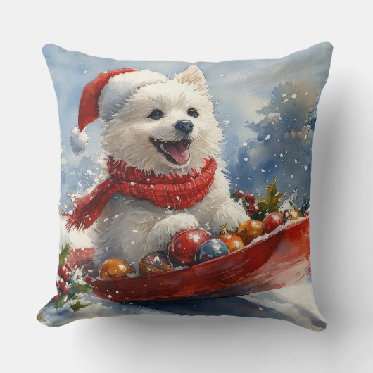 アメリカン・エスキモー犬のそり「Let it Snow」クリスマス クッション (正面)