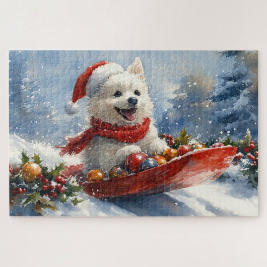 アメリカン・エスキモー犬のそり「Let it Snow」クリスマス ジグソーパズル (横)