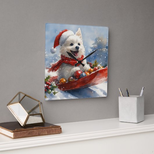 アメリカン・エスキモー犬のそり「Let it Snow」クリスマス スクエア壁時計 (オフィス)