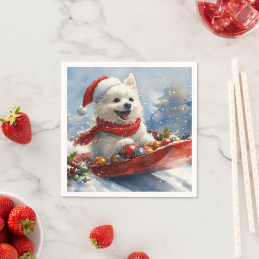 アメリカン・エスキモー犬のそり「Let it Snow」クリスマス スタンダードカクテルナプキン (インサイチュ)