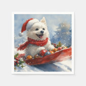 アメリカン・エスキモー犬のそり「Let it Snow」クリスマス スタンダードカクテルナプキン (正面)