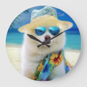 アメリカン・エスキモー犬のビーチ、犬好きへの夏の贈り物 ラージ壁時計 (正面)