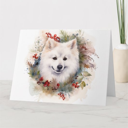 アメリカン・エスキモー・クリスマスリース お祭り好きな仔犬 カード (正面)