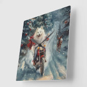 アメリカン・エスキモー・ドッグのバイククリスマス  スクエア壁時計 (傾斜)
