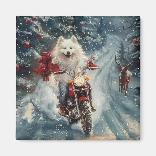 アメリカン・エスキモー・ドッグのバイククリスマス マグネット (正面)