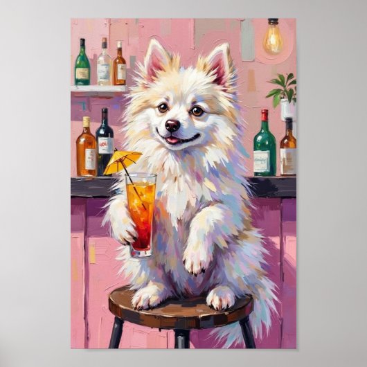 アメリカン・エスキモー・ドッグのバーシーン、面白いお酒を飲む犬 ポスター (正面)