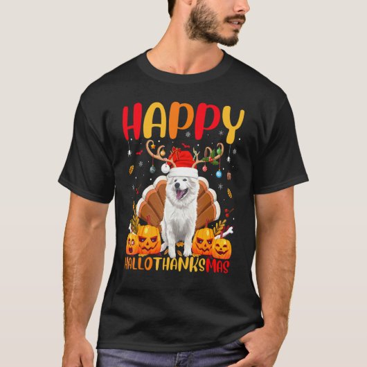 アメリカン・エスキモー・ドッグの幸せな犬のHellothanksmas Tシャツ (正面)