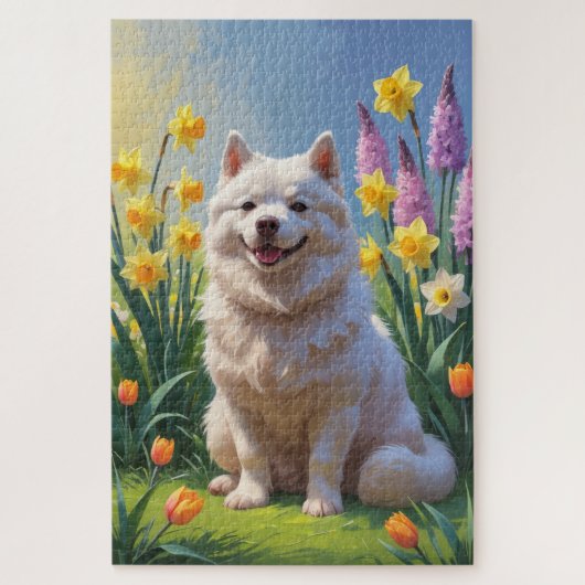 アメリカン・エスキモー・ドッグの春の花の絵 ジグソーパズル (縦)