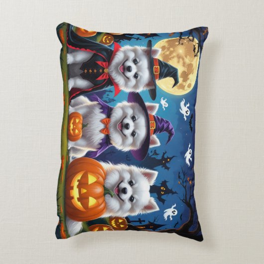 アメリカン・エスキモー・ドッグス・カボチャ・ハロウィンおもしろい アクセントクッション (裏面(縦))
