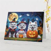 アメリカン・エスキモー・ドッグス・カボチャ・ハロウィンおもしろい カード (黄色い花)
