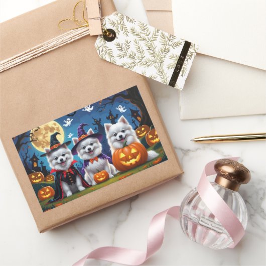 アメリカン・エスキモー・ドッグス・カボチャ・ハロウィンおもしろい 長方形シール (ギフト)