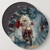 アメリカン・エスキモー・ドッグ バイクに乗る クリスマス 缶バッジ (正面&裏面)