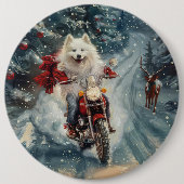 アメリカン・エスキモー・ドッグ バイクに乗る クリスマス 缶バッジ (正面)