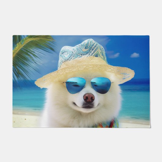 アメリカン・エスキモー+ビーチ、犬好きへの夏の贈り物 ドアマット (正面)