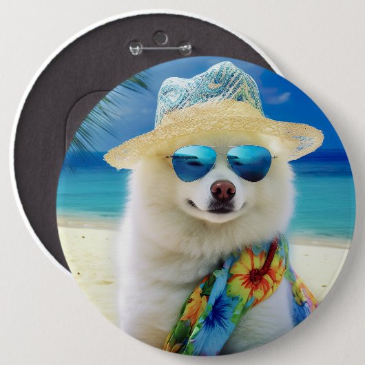 アメリカン・エスキモー+ビーチ、犬好きへの夏の贈り物 缶バッジ (正面&裏面)
