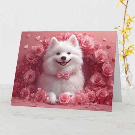 アメリカン・エスキモー(犬)とバラ - バレンタインデー カード (黄色い花)