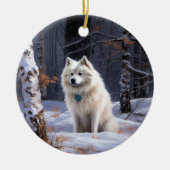 アメリカン・エスキモー 雪の降るクリスマス セラミックオーナメント (正面)