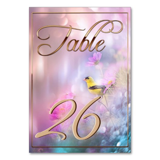 アメリカン・ゴールドフィンチ&フラワー/金ゴールド・トリム テーブルナンバー (正面)