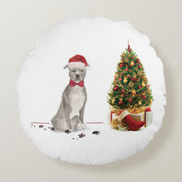 アメリカン・スタッフォードシャー・テリアの面白いクリスマス犬 ラウンドクッション