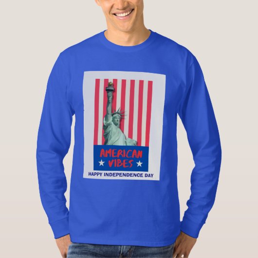 "アメリカン・バイブス" 自由の女神 赤いストライプ カスタム Tシャツ (正面)