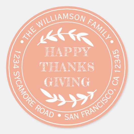 アメリカン ラスティック ハッピー サンクスギビング 返信先 オレンジ ラウンドシール (正面)