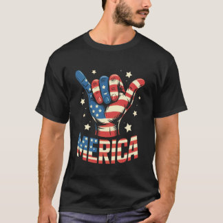 アメリカン・ロックサイン 7月4日 ビンテージアメリカ国旗 Tシャツ