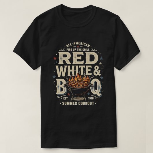 アメリカンBBQ 赤 白 青 7月4日 Tシャツ (デザイン正面)
