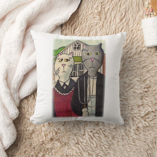 アメリカートゴシックラシックク猫アートパロディデザイン クッション (ブランケット)