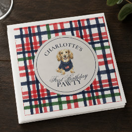 アメリカーナ・チェックのダックスフント1歳の誕生日 スタンダードカクテルナプキン