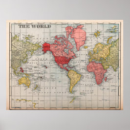 アメリカ中心のビンテージ世界地図ポスター ポスター