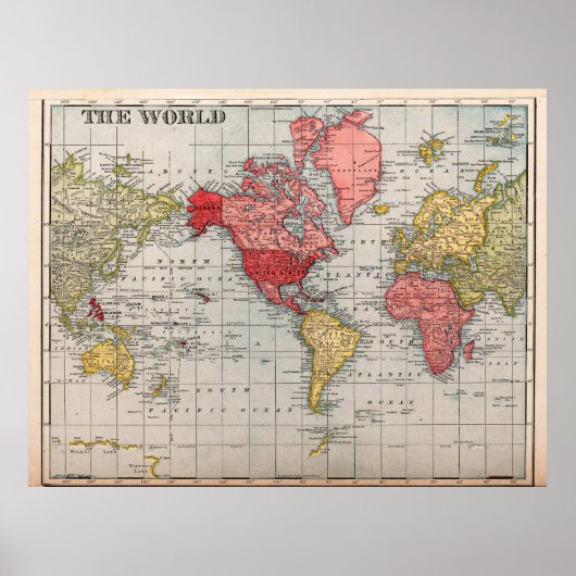 アメリカ中心のビンテージ世界地図ポスター ポスター (正面)