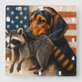 アメリカ人とのビーグル犬とラクーンイラストレーション スクエア壁時計 (正面)