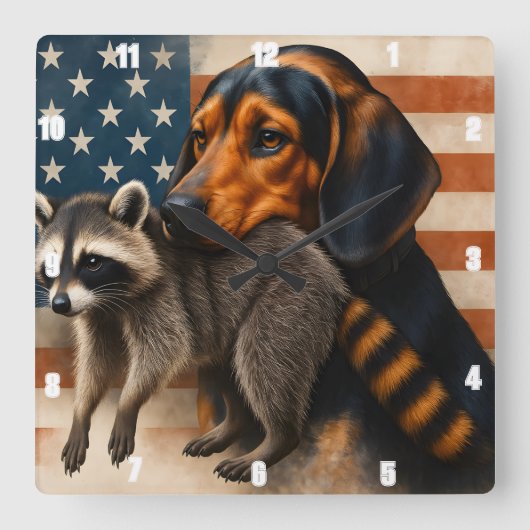 アメリカ人とのビーグル犬とラクーンイラストレーション スクエア壁時計 (正面)