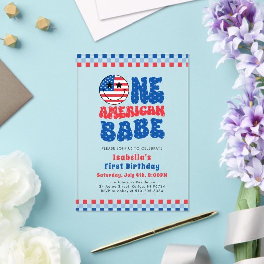 アメリカ人の一人の赤ちゃん7月の最初の誕生日パーティー4th アクリル招待状 (インサイチュ (ウェディング))